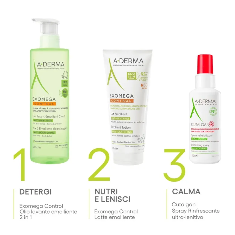 A-Derma Exomega Control gel detergente emolliente 2 in 1 corpo e capelli pelle secca 500ml