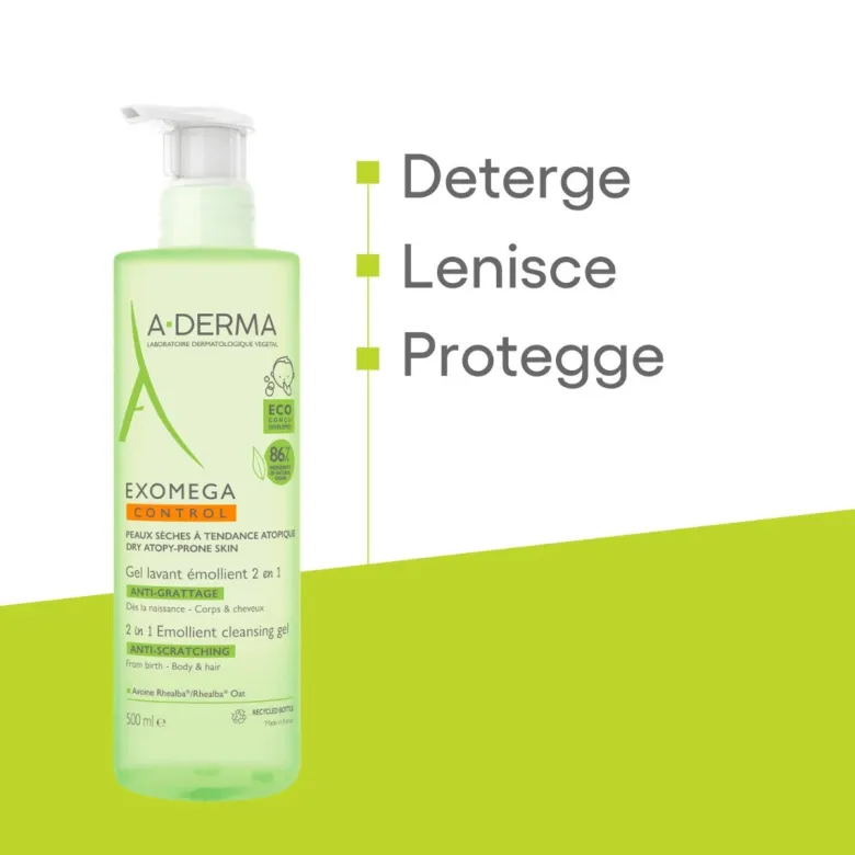 A-Derma Exomega Control gel detergente emolliente 2 in 1 corpo e capelli pelle secca 500ml