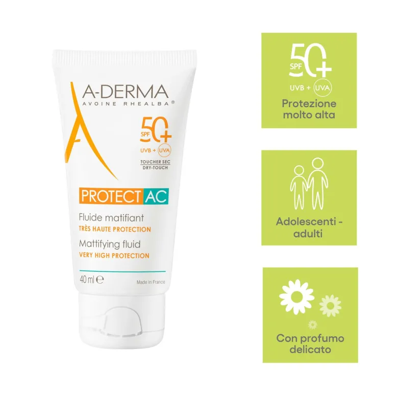 A-Derma Protect AC Fluido opacizzante protezione solare viso molto alta SPF50+ 40ml