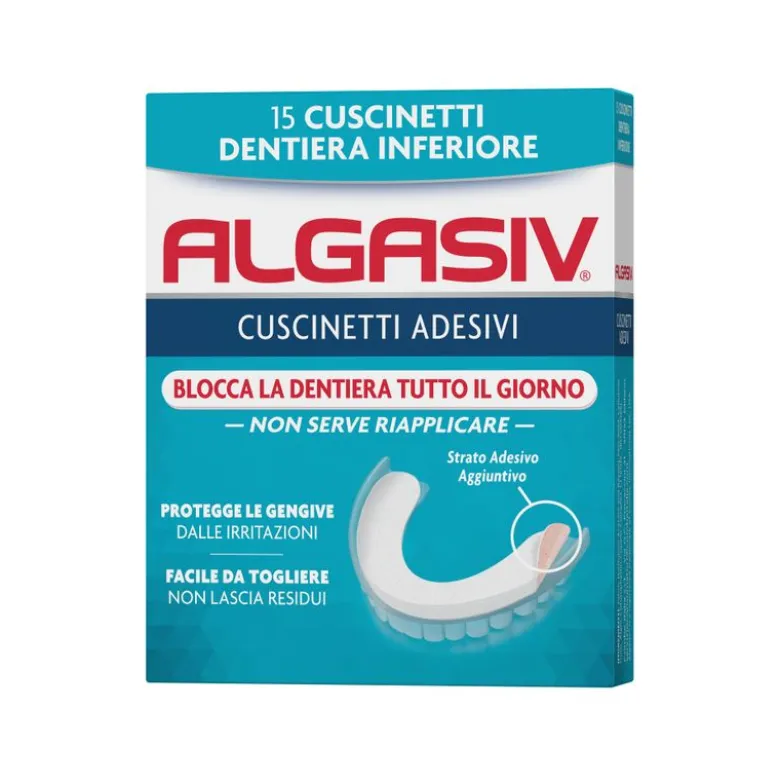 Algasiv Cuscinetti Adesivi Per Dentiera Inferiore Tenuta Forte Tutto Il Giorno 15 Pezzi