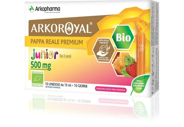 Arkopharma Arkoroyal Junior Pappa Reale Bio 500mg 10 Flaconi Da 15ml Mela/Fragola