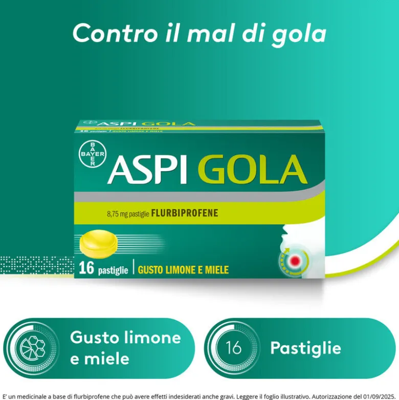 Aspi Gola Caramelle Antinfiammatorio per Gola Infiammata e Mal di gola 16 pastiglie Limone Miele
