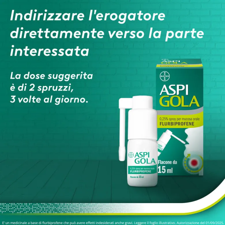 Aspi Gola Spray Antinfiammatorio per Gola Infiammata Faringite e Mal di gola con Flurbiprofene 15ml
