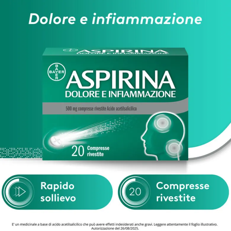 Aspirina Dolore e Infiammazione Antidolorifico Antinfiammatorio per Mal di Testa e Dolori 20 Cpr