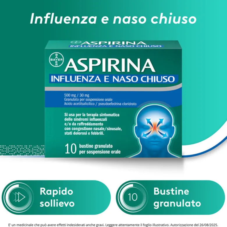 Aspirina Influenza e Naso Chiuso Antidolorifico Decongestionante contro Sintomi Influenzali 10 Buste