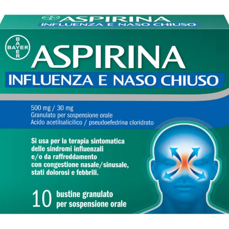 Aspirina Influenza e Naso Chiuso Antidolorifico Decongestionante contro Sintomi Influenzali 10 Buste