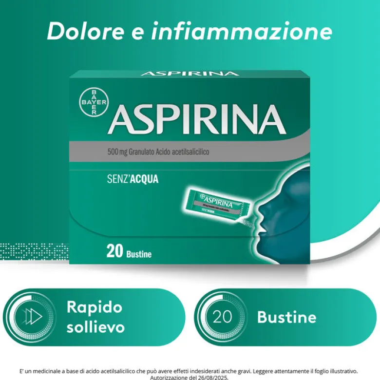 Aspirina in Granuli Senz'Acqua Antidolorifico e Antinfiammatorio contro Mal di Testa e Dolore 20 Bst