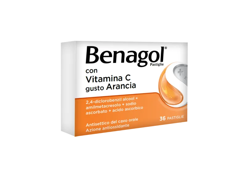 Benagol Antisettico per Bocca e Gola 36 Pastiglie Vit C Gusto Arancia