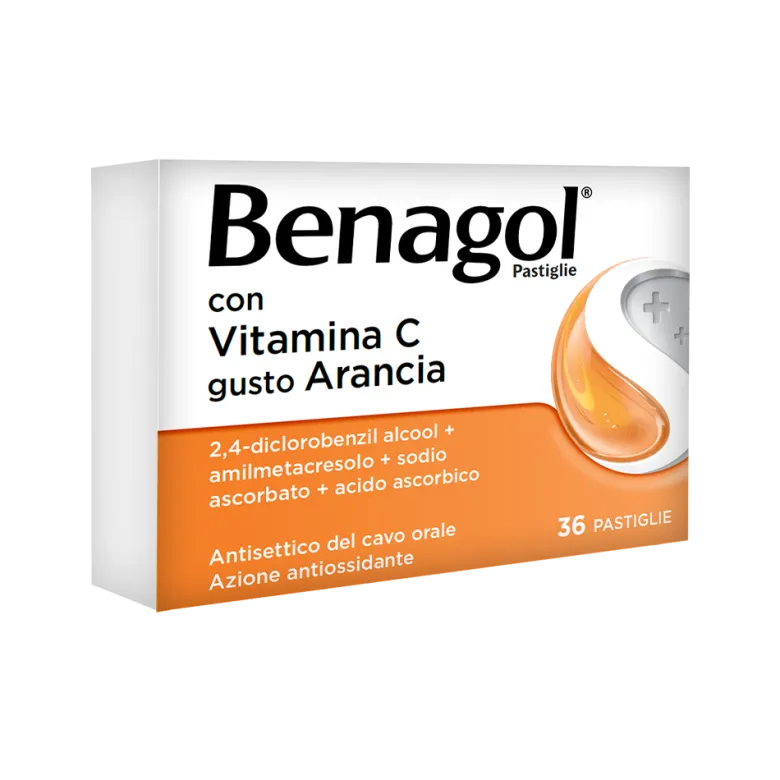 Benagol Antisettico per Bocca e Gola 36 Pastiglie Vit C Gusto Arancia