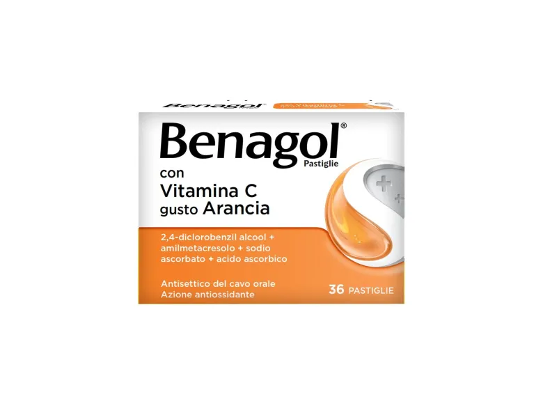 Benagol Antisettico per Bocca e Gola 36 Pastiglie Vit C Gusto Arancia