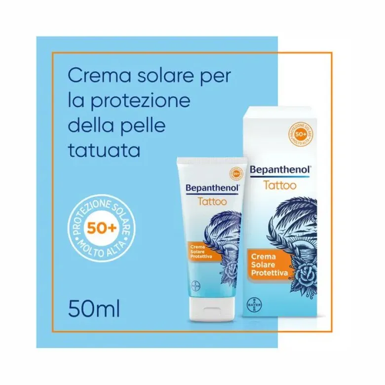 Bepanthenol Tattoo Crema Protezione Solare Molto Alta SPF50+ Per Tatuaggio Con Pantenolo 50ml