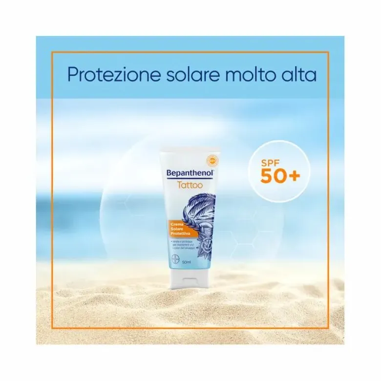 Bepanthenol Tattoo Crema Protezione Solare Molto Alta SPF50+ Per Tatuaggio Con Pantenolo 50ml