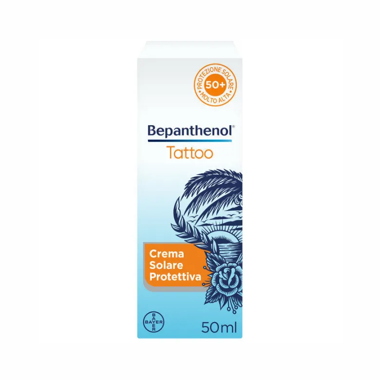 Bepanthenol Tattoo Crema Protezione Solare Molto Alta SPF50+ Per Tatuaggio Con Pantenolo 50ml