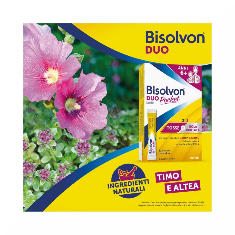 Bisolvon Duo Pocket Lenitivo Sciroppo in Bustina Contro Tosse e Gola Irritata Adulti Bambini 12 Bustine Monodose