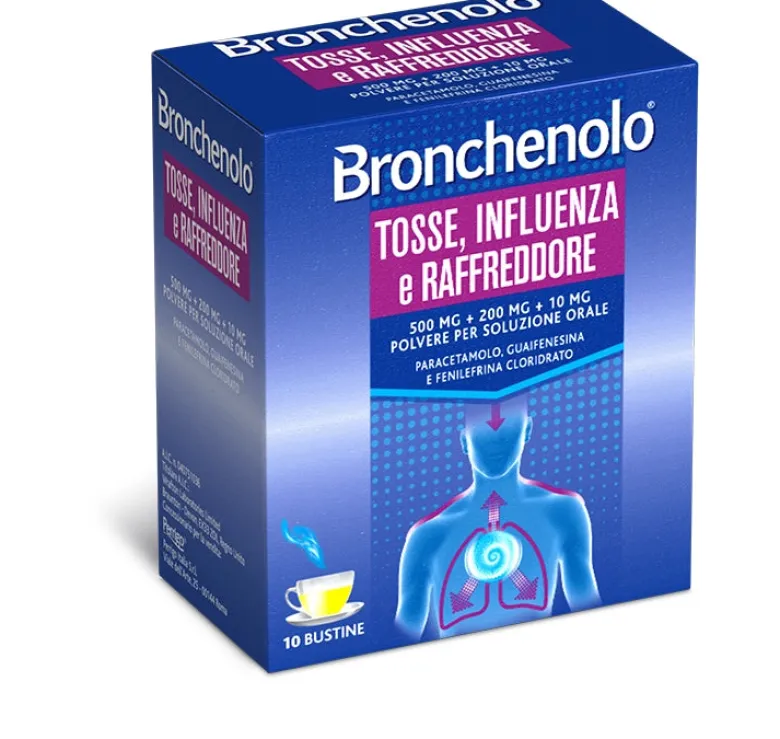 Bronchenolo Tripla Azione contro Tosse Influenza e Raffreddore 10 Bustine 500mg + 200mg + 10mg