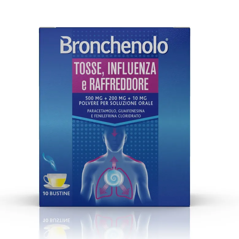 Bronchenolo Tripla Azione contro Tosse Influenza e Raffreddore 10 Bustine 500mg + 200mg + 10mg
