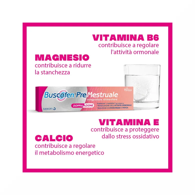 Buscofen Premestruale Integratore Alimentare, Magnesio, Vitamina B6, Vitamina E e Calcio, 15 Compresse Effervescenti