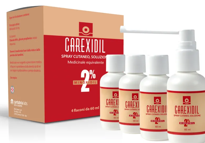 Carexidil 2% Spray Cutaneo Soluzione, 4 Flaconi in Hdpe da 60 ml con Pompa Dosatrice
