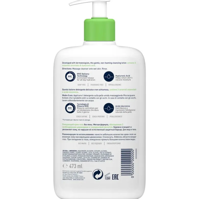 CeraVe Detergente Idratante Viso Pelle da Normale a Secca, con acido ialuronico e ceramidi 473 ml