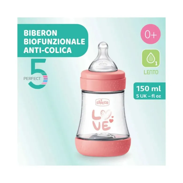 Chicco Biberon Neonato Perfect 5 Biberon Rosa Flusso Lento 150 ml 0Mesi+