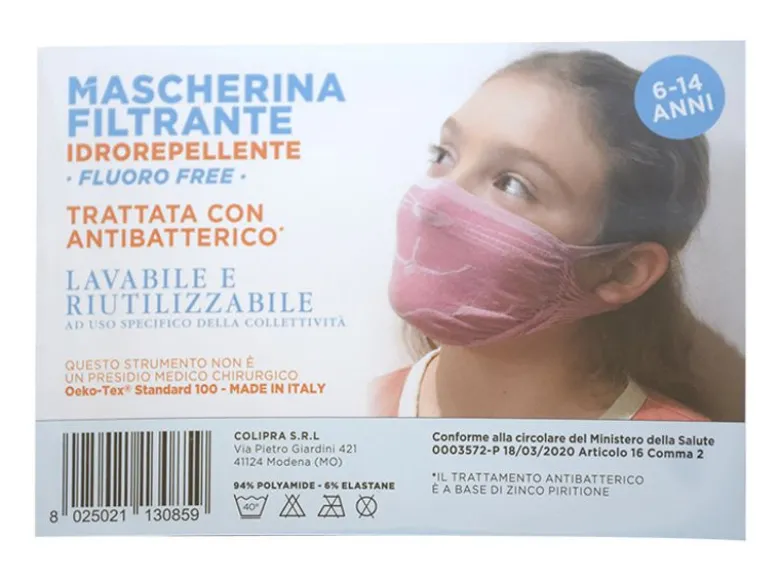 Colipra Mascherina Filtrante Idrorepellente Lavabile 6-14 Anni Bambina colore rosa 1 pezzo