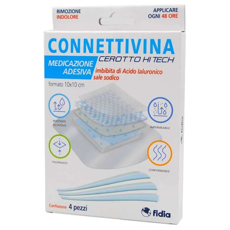 Connettivina Cerotto Hitech Medicazione Adesiva Con Acido Ialuronico 10x10cm 4 Pezzi