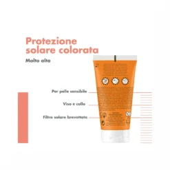 Crema colorata SPF 50+ viso e collo, indicata per pelli secche e sensibili soggette a scottature, offre una protezione solare motlo alta (UVA-UVB, luce blu visibile ad alta energia) e una sensazione di comfort immediato.