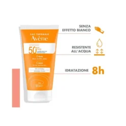 Crema SPF 50+ viso e collo, con profumo, indicata per pelli secche e sensibili soggette a scottature, offre una protezione solare motlo alta (UVA-UVB, luce blu visibile ad alta energia) e una sensazione di comfort immediato.