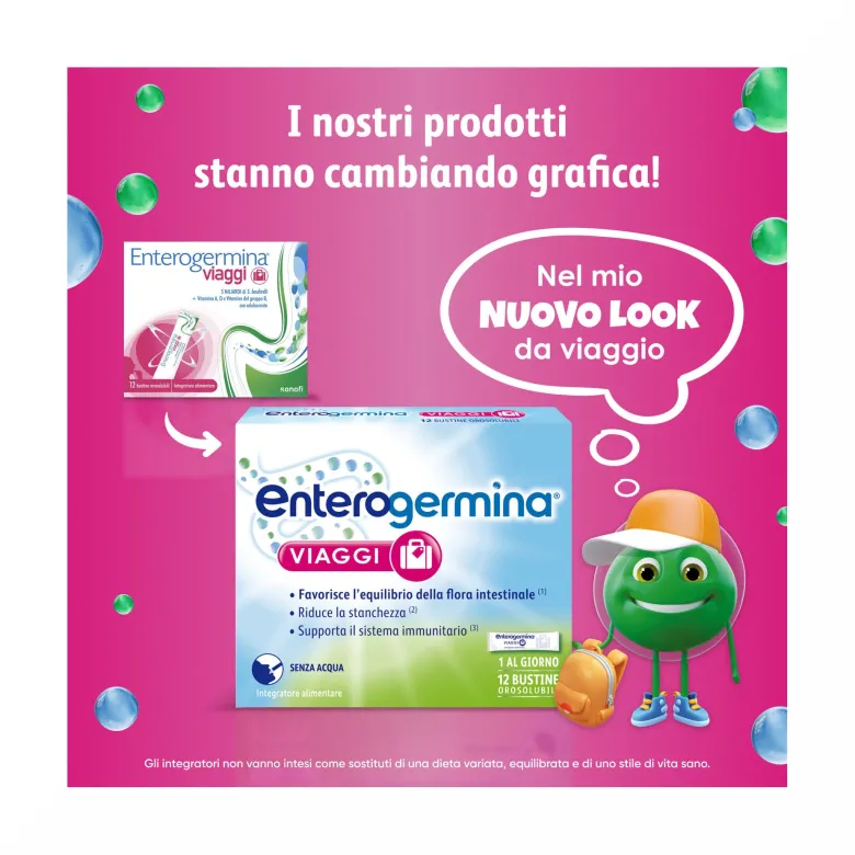 Enterogermina Viaggi Regolarità Intestinale Probiotici Vitamina A B12 B6 B9 e Vitamina D 12 Bustine