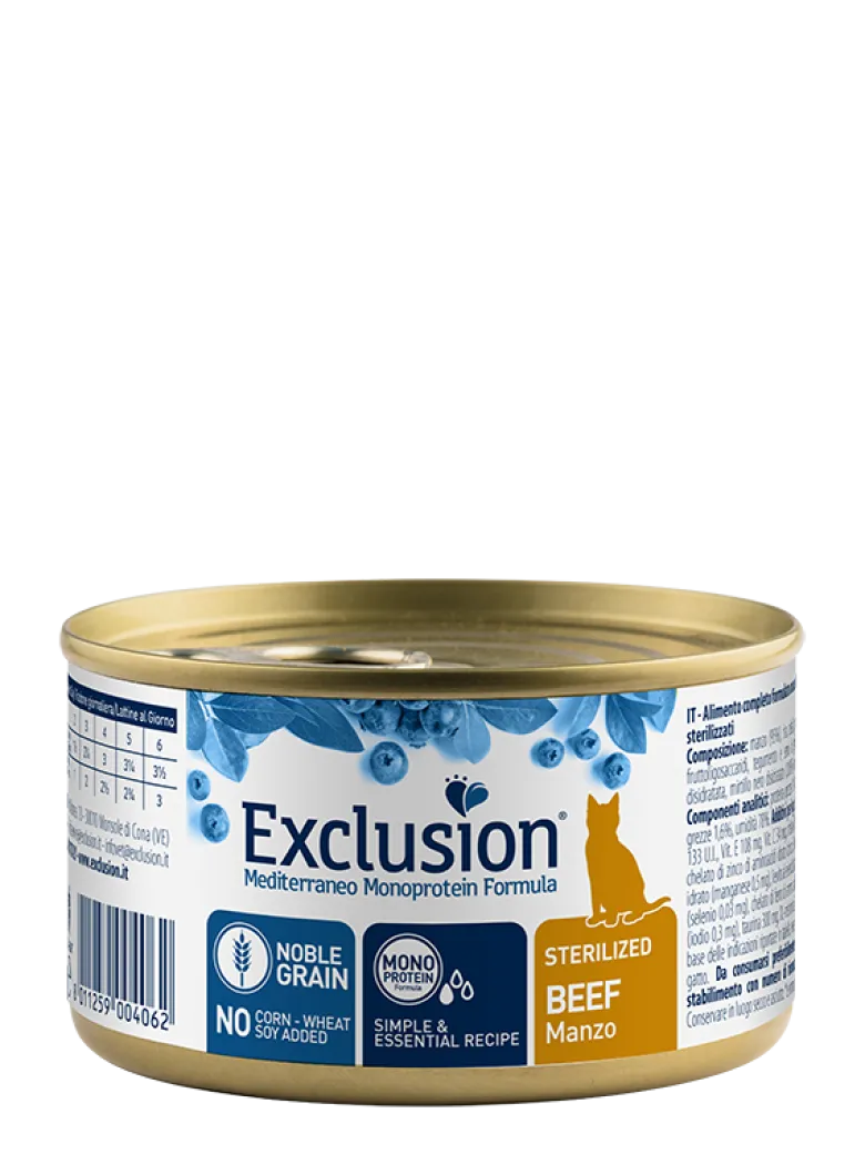 Exclusion Mediterraneo Monoprotein Noble Grain Umido Per Gatti Sterilizzati Al Manzo Lattina 85g