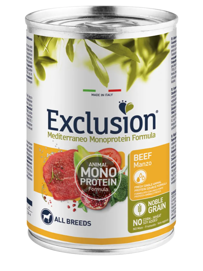 Exclusion Mediterraneo Monoprotein Noble Grain Umido Al Manzo Per Cani Lattina 400g