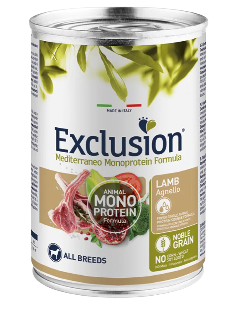 Exclusion Mediterraneo Monoprotein Noble Grain Umido Al Agnello Per Cani Lattina 400g