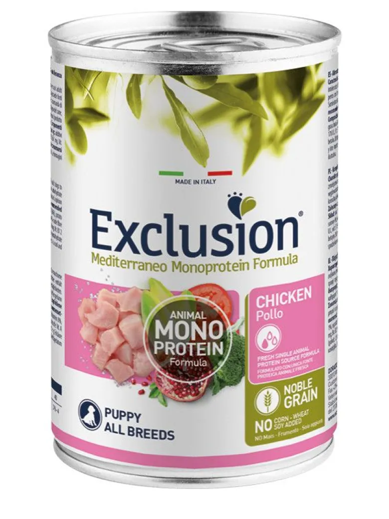 Exclusion Mediterraneo Monoprotein Noble Grain Cibo Umido Pollo Per Cuccioli 400g
