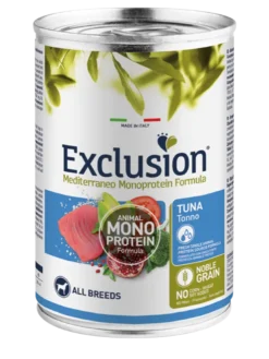 Exclusion Mediterraneo Monoprotein Noble Grain Umido Al Tonno Per Cani Lattina 400g