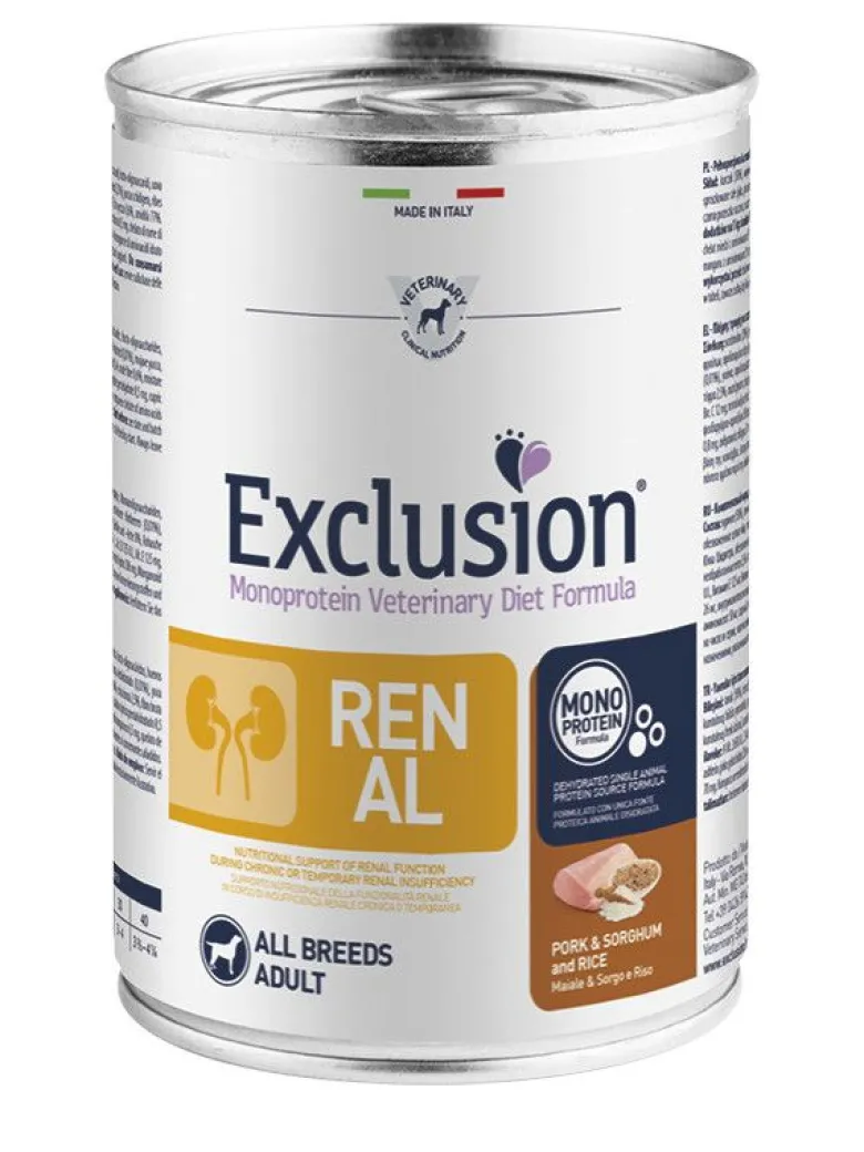 Exclusion Monoprotein Veterinary Diet Formula Renal Umido Sorgo/Suino/Riso Cani Lattina 400g