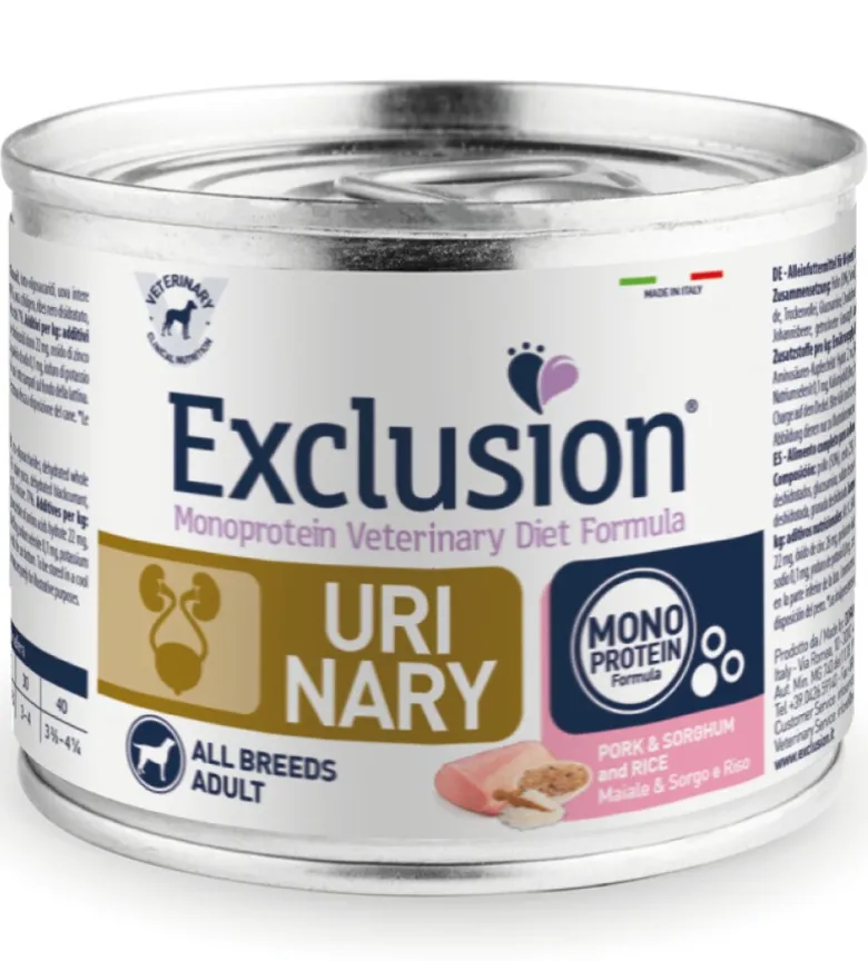 Exclusion Monoprotein Veterinary Diet Formula Urinary Umido Sorgo/Suino/Riso Cani Lattina 200g