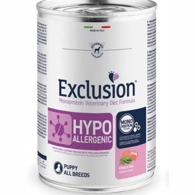 Exclusion Monoprotein Veterinary Diet Formula Hypoallergenic Umido Suino/Piselli Cuccioli 400g