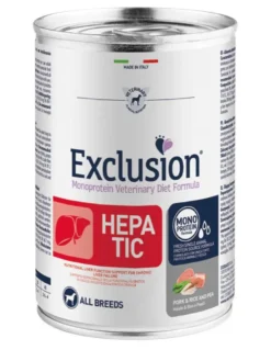 Exclusion Monoprotein Veterinary Diet Formula Hepatic Umido Suino/Riso/Piselli Cani Lattina 200g