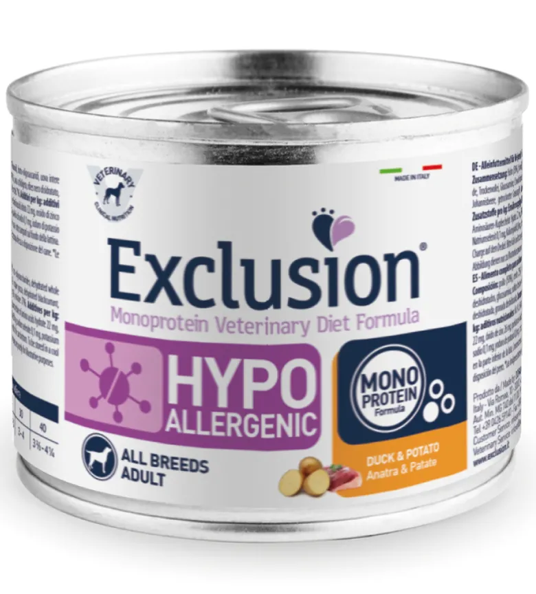 Exclusion Veterinary Diet Formula Hypoallergenic Per Cani Anatra/Patate Lattina 200g