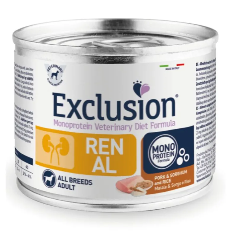 Exclusion Veterinary Diet Formula Renal Per Cani Maiale/Sorgo E Riso Lattina 200g