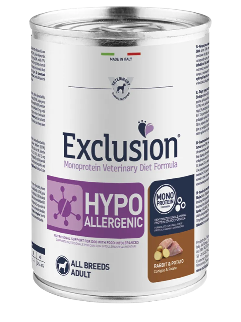 Exclusion Veterinary Diet Formula Hypoallergenic Per Cani Coniglio/Patate Lattina 400g