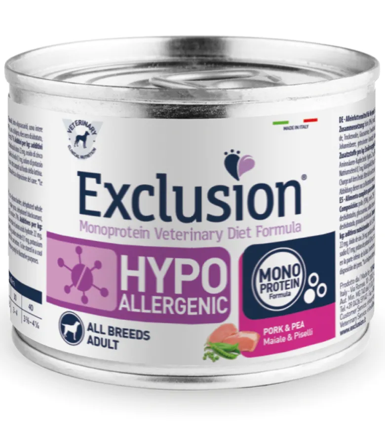 Exclusion Veterinary Diet Formula Hypoallergenic Per Cani Maiale/Piselli Lattina 200g