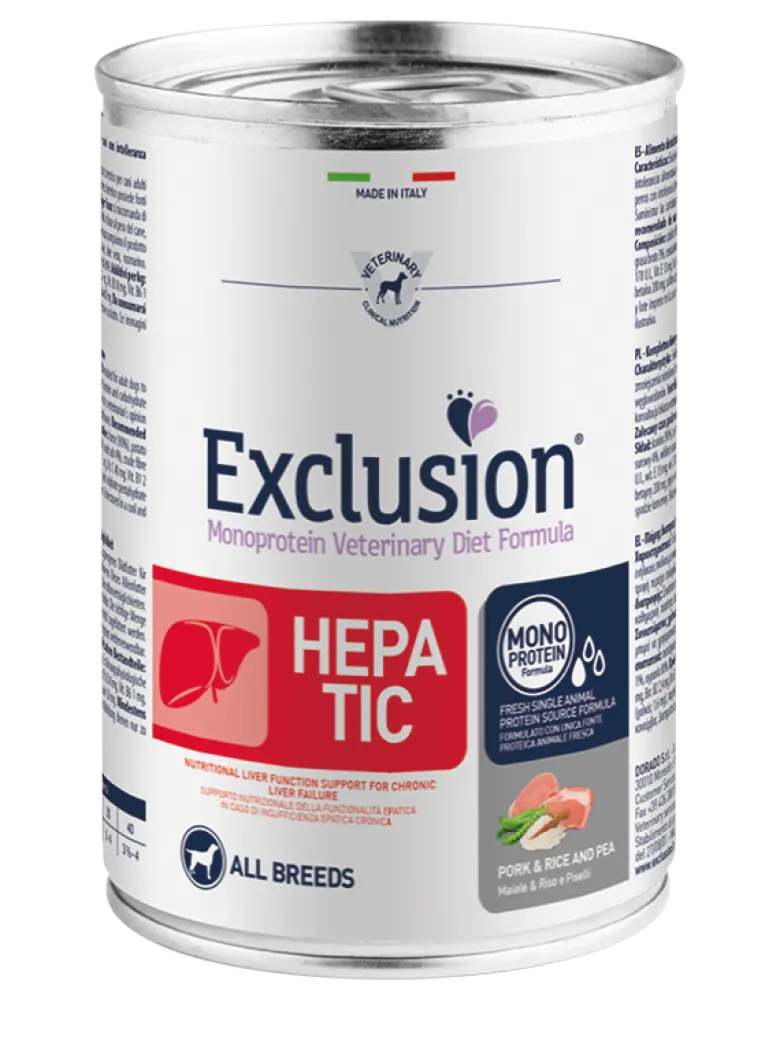 Exclusion Veterinary Diet Hepatic Pork Rice And Pea Cani Adulti Lattina 400g