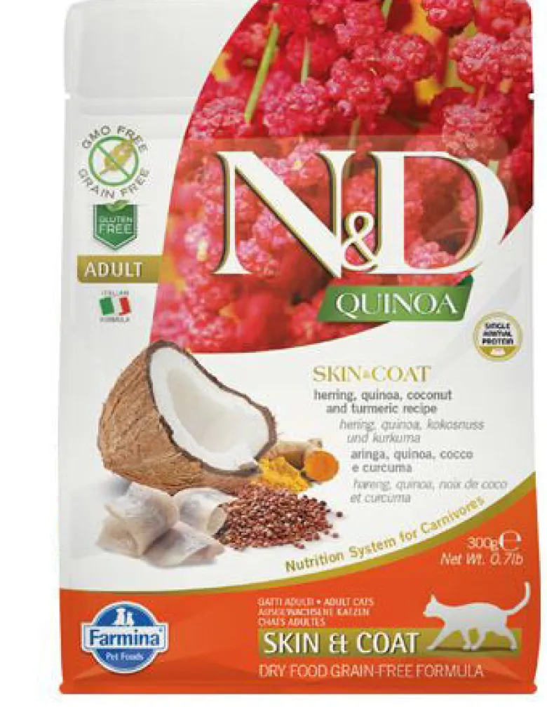 Farmina Natural & Delicious All Breed Quinoa Skin & Coat Aringa Grain Free Cibo Secco Per Gatti 300g