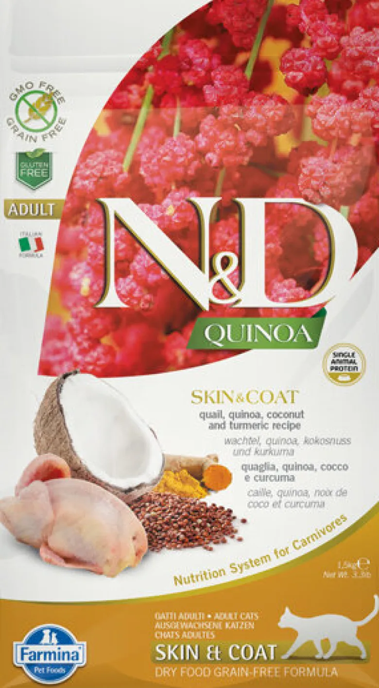 Farmina Natural & Delicious Quinoa Skin & Coat Quaglia Grain Free Cibo Secco Per Gatti 1,5kg