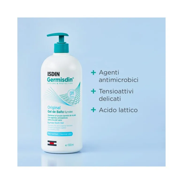Gel da bagno Syndet con agenti antimicrobici, ideale per un’igiene rispettosa della pelle e per limitare la proliferazione di microrganismi.