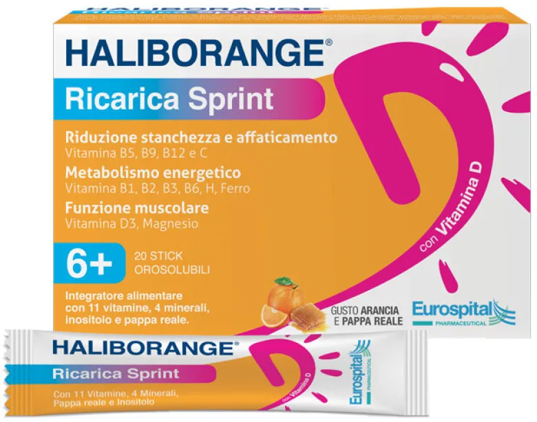 Haliborange Ricarica Sprint energia bambini 6+ gusto arancia e pappa reale 20 stick-pack