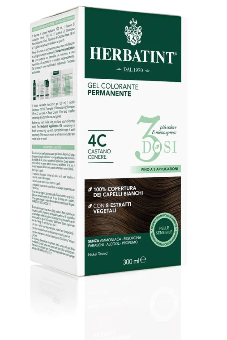 Herbatint Tinta per Capelli Gel Colorante Permanente 3Dosi 4C Castano Cenere 300ml