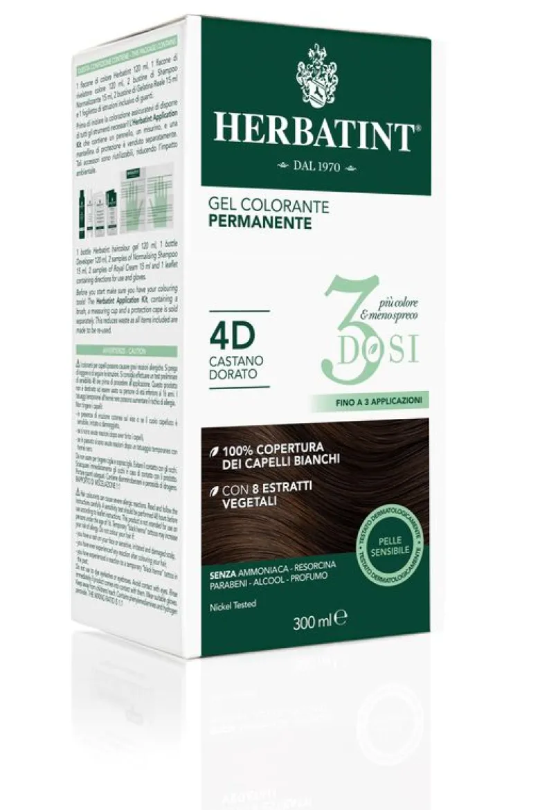 Herbatint Tinta per Capelli Gel Colorante Permanente 3Dosi 4D Castano Dorato 300ml