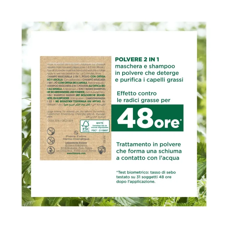 Klorane Shampoo maschera 2 in 1 Polvere all'Ortica BIO e all'Argilla cuoio capelluto grasso 24g